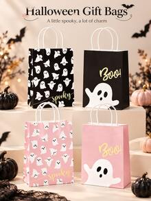 8/12 Pcs Pink Black Ghost Boo Print Halloween Paper Gift Bag, Reusable Tote Lunch Bag For Holiday Party Candy Present Shopping Packaging - Multicolor - View 3