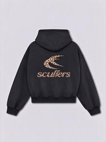 Black Leopard Print Hoodie With Gold Text Logo, Cotton Blend, Long Sleeve, Regular Fit, Y2K Streetwear Style - Black - View 1