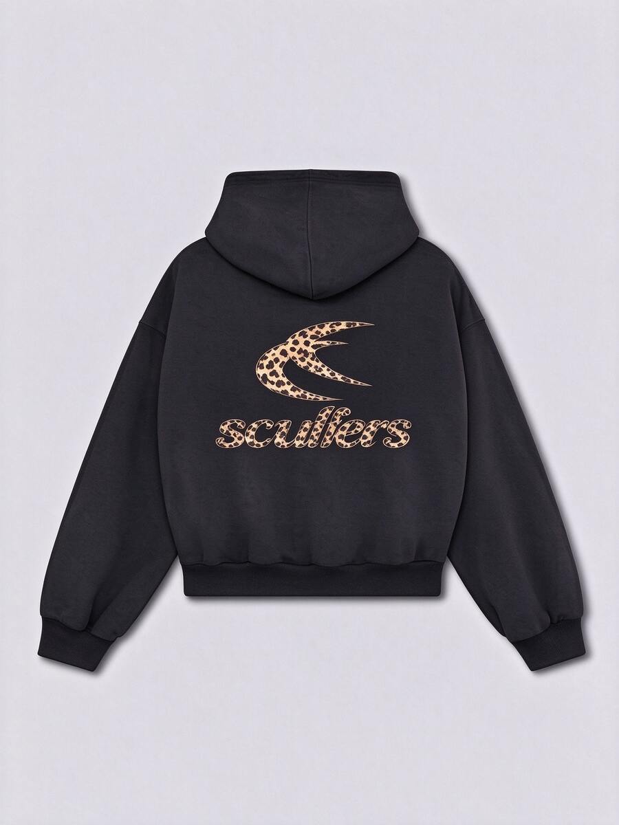 Black Leopard Print Hoodie With Gold Text Logo, Cotton Blend, Long Sleeve, Regular Fit, Y2K Streetwear Style - Black - View 1