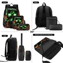 Lava Crack Green Pixel Monster Print 3 Pieces Set Large Capacity Backpack + Crossbody Bag + Pencil Case Adjustable Breathable Shoulder Straps Fashion Pixel Block Game Theme Daily Commute Storage Set - Printed Bag - View 9