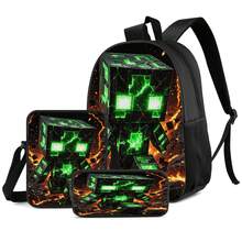 Lava Crack Green Pixel Monster Print 3 Pieces Set Large Capacity Backpack + Crossbody Bag + Pencil Case Adjustable Breathable Shoulder Straps Fashion Pixel Block Game Theme Daily Commute Storage Set - Printed Bag - View 1