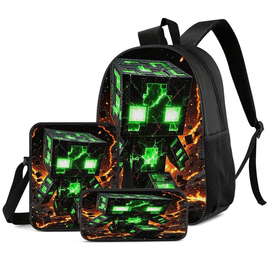 Lava Crack Green Pixel Monster Print 3 Pieces Set Large Capacity Backpack + Crossbody Bag + Pencil Case Adjustable Breathable Shoulder Straps Fashion Pixel Block Game Theme Daily Commute Storage Set - Printed Bag - View 1