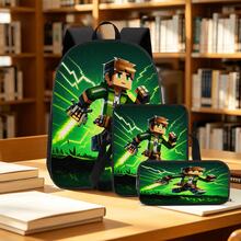 Q-Version Pixel Adventure Style Running Boy Green Lightning Effect Print 3 Pieces Set Large Capacity Backpack + Crossbody Bag + Pencil Case Adjustable Breathable Shoulder Straps Gaming Pixel Style Game Theme Enthusiast Daily Commute Storage Set - Printed Bag - View 7