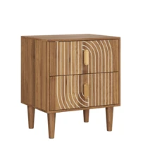 Bohemian Four-Legged Nightstand With 2 Drawers, Geometric Inlaid Night Table, Walnut Veneer Side Table, Bedroom Storage Cabinet - Brown - View 6