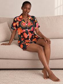 2pcs Women's Comfortable Floral Print Short Sleeve Collared Top And Bow Shorts Pajama Set, Suitable For All Seasons - Black - View 3