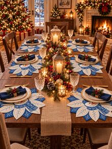 2/4/6pcs-Christmas Snowman Linen Placemat 35 X 35 Cm, Blue Snowflake Holiday Table Mat, Winter Xmas Dining Table Decor For Kitchen Dinner Party, Christmas Home Decorations And Festive Table Setting - Multicolor - View 11