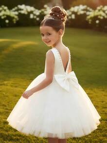 High-End Young Girl Pearl Hollow Back Detachable Bow Mesh Princess Dress, Flower Girl Wedding Party Formal Gown - White - View 1