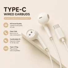 Type-C 介面有線入耳式耳機，高品質音訊、HD 通話麥克風、沉浸式低音、音量控制通用入耳式耳機，相容 iPhone 16/15 Pro Max/17 Air，支援 Type-C 有線耳機，入耳式設計，適合遊戲與降噪通話 - 杏色 - 查看 4