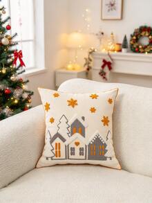 1PC Multicolor Christmas Snow House Canvas Pillow Case, Exquisite Embroidery Craftsmanship, Multiple Sizes Available, Pillow Insert Not Included, Suitable For Various Home Decor Scenes, Machine Washable - Multicolor - View 10