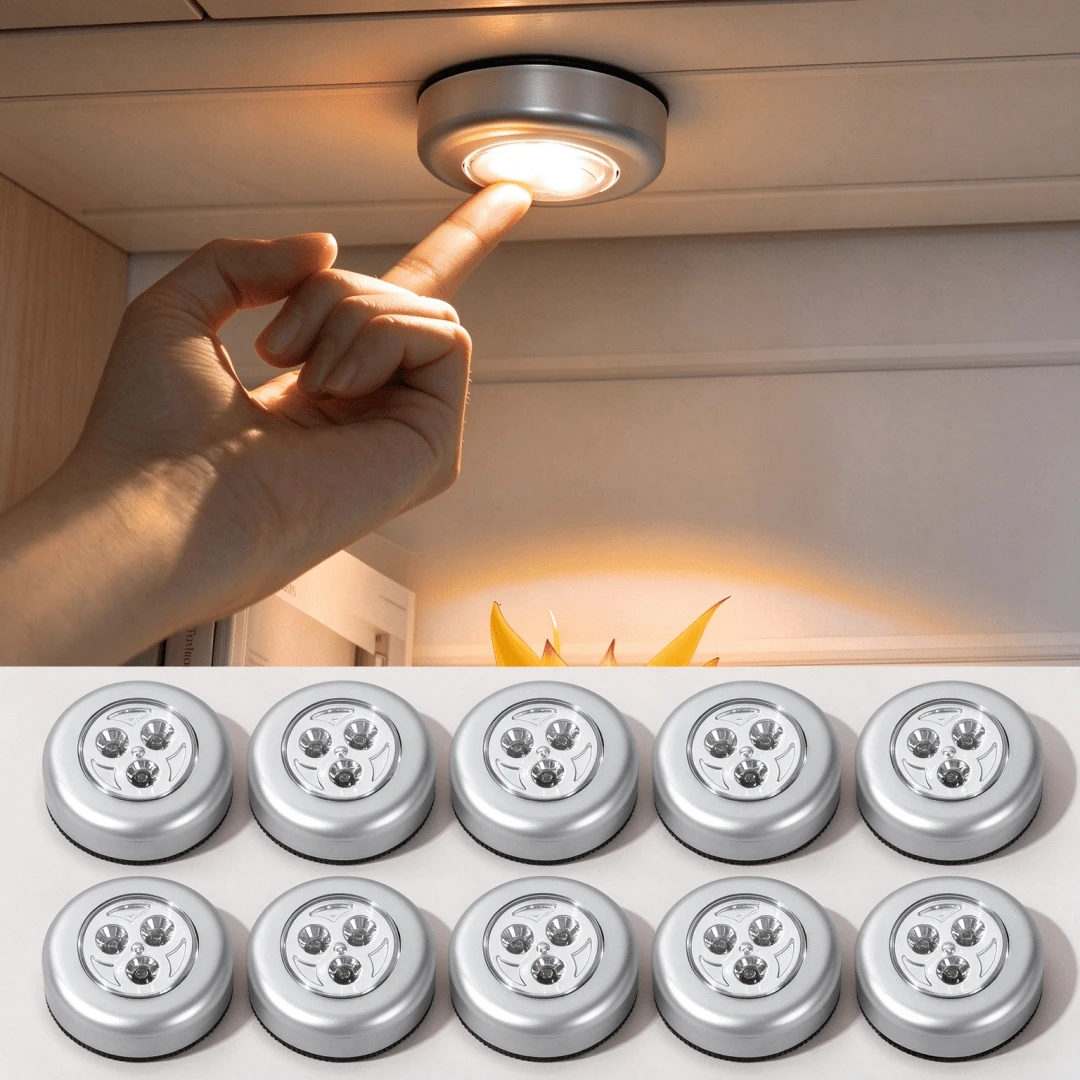 1PC/3pcs/6pcs/10pcs Silver Push Light, 3 LED Wireless Cabinet Night Light, Yellow/White Light Round Push Design, Wall Lamp Suitable For Home Lighting, Hallway Bathroom, Bedroom Kitchen, Cabinet Stairs, Dorm Lighting Gadget (Battery Not Included) - Silver Casing - View 1