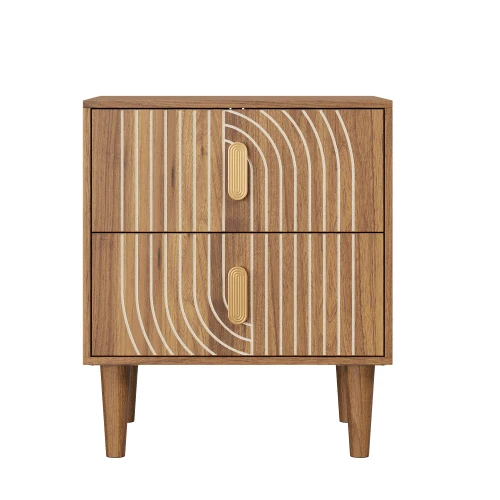 Bohemian Four-Legged Nightstand With 2 Drawers, Geometric Inlaid Night Table, Walnut Veneer Side Table, Bedroom Storage Cabinet - Brown - View 1