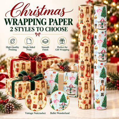 2 Rolls 16.9in X 196.85in Kraft Wrapping Paper, Cream Nutcracker ...