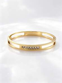 1pc Elegant Charming Personalized Fashion Stainless Steel Gold-Plated Hollow Geometric Rhinestone Inlaid Snap Bracelet, Men's Party Gift Choice - Style 1 - View 1