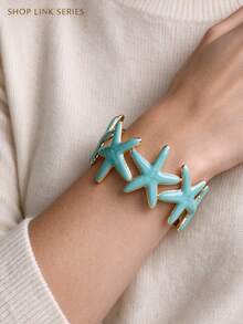 Women's Starfish Stainless Steel Gold Open Adjustable Size Bracelet, Colorful Enamel Starfish Design, Unique Ocean Theme, Lightweight Bold Personalized Wrist Accessory, Gift, Clothing Matching, Stackable - Starfish - View 11