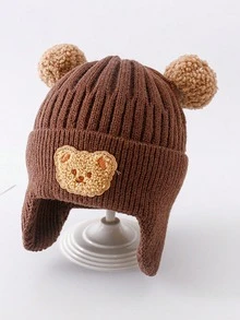 1pc Cute Bear Ear Protection Knitted Baby Hat, Winter Outdoor Style, Thickened Warm Knitted Knitted Hat, Flip Earflap Design, With Pom Pom, Comfortable Soft Elastic Hat - 1PC - View 6