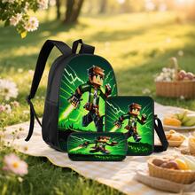 Q-Version Pixel Adventure Style Running Boy Green Lightning Effect Print 3 Pieces Set Large Capacity Backpack + Crossbody Bag + Pencil Case Adjustable Breathable Shoulder Straps Gaming Pixel Style Game Theme Enthusiast Daily Commute Storage Set - Printed Bag - View 8
