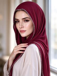 1pc Women's Heavy Embellished Rhinestone Trim Solid Color Scarf, Moroccan Rhinestone Muslim Headscarf, Red Autumn Women's Headscarf - Multicolor - View 6