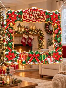 Christmas Polyester Photo Booth Frame Banner, Merry Christmas Poinsettia Bell Ornament Gift Red Bow Photo Prop, Holiday Party Photo Backdrop For Family Gathering Indoor Outdoor Xmas Decorations - A - View 3