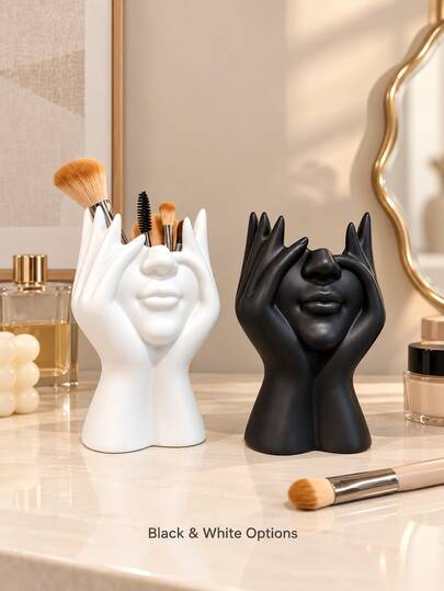 1pc Abstract Face Makeup Brush Holder, Modern Resin Pen Holder, Sculptural Vanity Storage Cup, Bedroom Desktop Aesthetic Room Decor Pencil Organizer, Unique Gift For Women