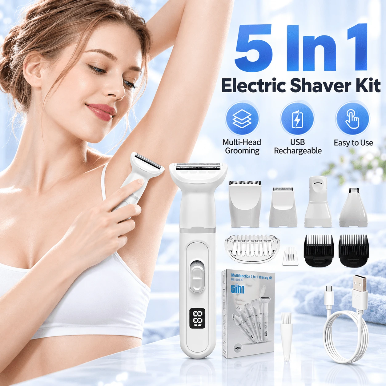 5-In-1 Electric Hair Clipper Multi-Function Women's Shaver, Suitable For Body/Face/Nose/Eyebrow/Leg/Underarm, USB Rechargeable, 600mAh Battery