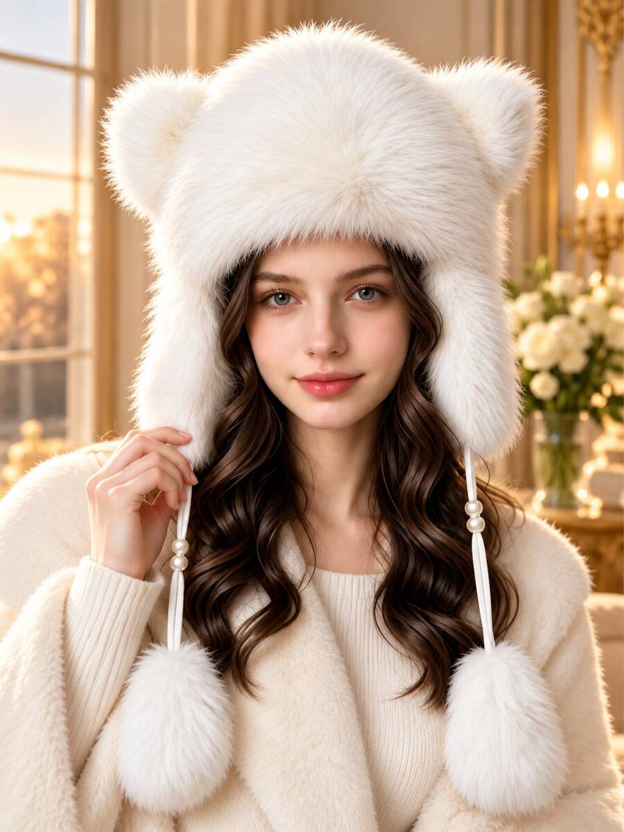 Women's Fluffy Bear Ear Trapper Hat, Warm Plush Winter Hat With Pom Poms, Cozy Cold Weather Accessory - A - View 1