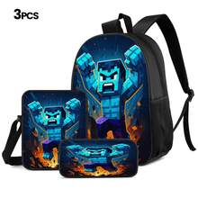 Q-Version Pixel Style Blue Muscular Giant Print 3 Pieces Set, Large Capacity Backpack + Crossbody Bag + Pencil Case, Adjustable Breathable Shoulder Straps, Gaming Pixel Style Theme Enthusiast Daily Commute Storage Set - Printed Bag - View 10