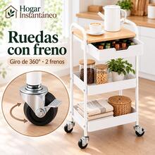 Carrito Organizador con Mesa - 3 niveles, cajón práctico y ruedas con freno. Perfecto para usar en la cocina, oficina o dormitorio - Blanco - Ver 5