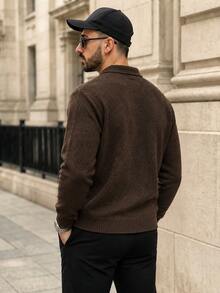 Lookun Men's Loose Fit Drop Shoulder V-Neck Knitted Polo Sweater, Autumn/Winter - Brown - View 6