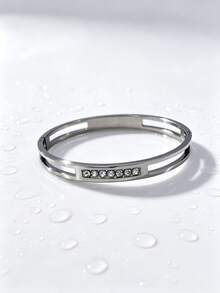 1pc Elegant Charming Personalized Fashion Stainless Steel Gold-Plated Hollow Geometric Rhinestone Inlaid Snap Bracelet, Men's Party Gift Choice - Style 1 - View 8