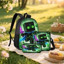Pixel Art Green Warrior Print 3 Pieces Set Large Capacity Backpack + Crossbody Bag + Pencil Case, Adjustable Breathable Shoulder Straps, Fashion Pixel Block Adventure Game Theme Daily Commute Storage Set - Printed Bag - View 7