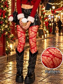Women's Red Spiderweb Fishnet Tights, Gothic Pattern Pantyhose, Christmas Party Stockings For Holiday, Night Out, Festival & Costume Outfits - Multicolor - View 1