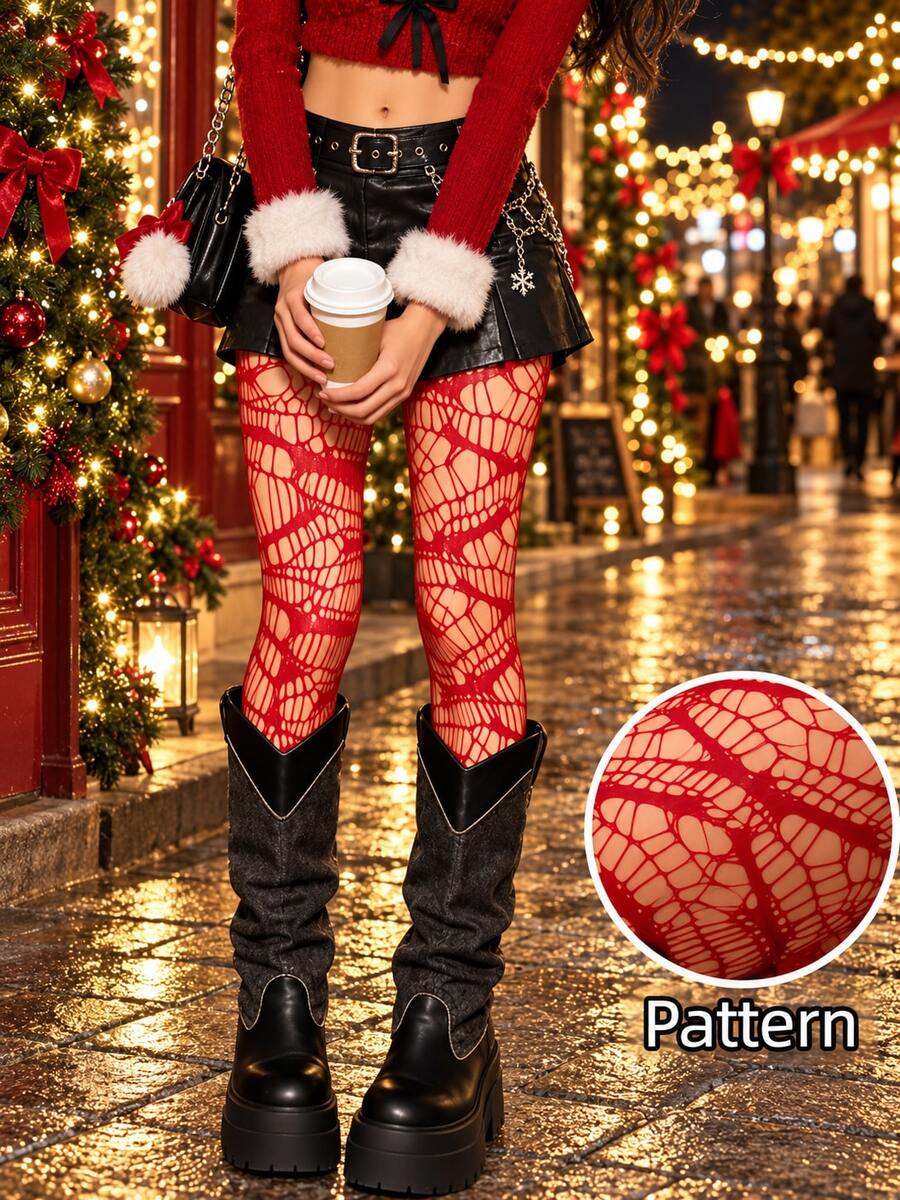 Women's Red Spiderweb Fishnet Tights, Gothic Pattern Pantyhose, Christmas Party Stockings For Holiday, Night Out, Festival & Costume Outfits - Multicolor - View 1
