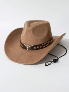 1pc Women Western Cowboy Hat, Bull Head Rivet Belt Decor Wide Brim Hat With Wind Rope, Vintage Cowgirl Hat For Daily Party - Top Hat - View 12