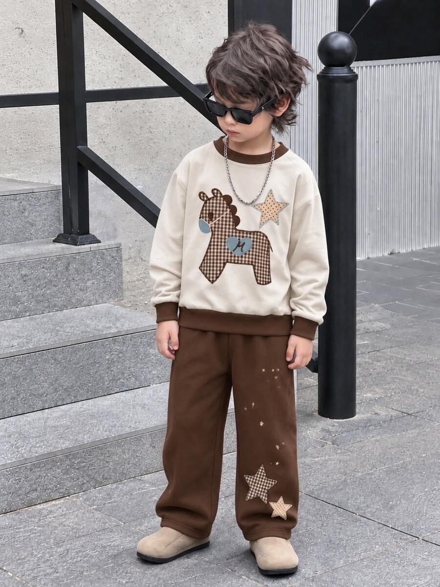 2pcs/Set Kids Plaid Maillard Colorblock Pony Patchwork Star Print Vintage Style Sweatshirt & Pants Set, Y2K Casual Children's Clothing Outfit - Brown - View 1