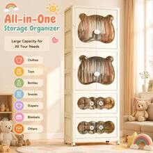 Bedroom Foldable Wardrobe,Clothes Storage Cabinet With Hanging Area ,Seasonal Clothes Storage, 70CM Large Capacity Cute Bear Design Closet Organizer For Chlidren Room, Bedroom Nursery Space Saving Storage For Clothes Toys Daily Sundries - Beige - View 3