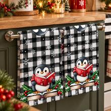 2pcs Black & White Plaid Penguin Pattern Christmas Kitchen Towels, Snowflake Print Tea Towels, Christmas Towels, Winter Holiday Kitchen Home Decor Gifts - Multicolor - View 2
