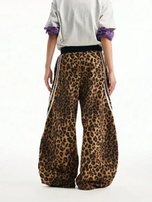 American Vintage Wild Leopard Print Side Double White Stripe Wide Leg Pants, Drape Long Casual Trousers With Elastic Drawstring Waist, Adjustable, Fashionable And Comfortable - Light Grey - View 5