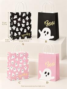 8/12 Pcs Pink Black Ghost Boo Print Halloween Paper Gift Bag, Reusable Tote Lunch Bag For Holiday Party Candy Present Shopping Packaging - Multicolor - View 6