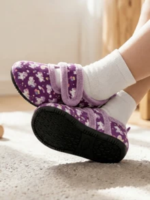 Girls' Indoor Slippers, Soft Rubber Sole, Lightweight, Warm And Comfortable, Pink Butterfly Hook-And-Loop, Autumn/Winter, Toddler/Middle Child - Purple - View 4