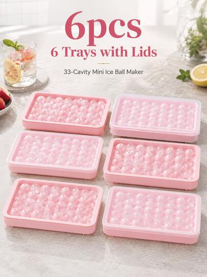 Bandejas para bolas de hielo de 2/4/6 piezas, molde redondo de 33 cavidades para cubitos de hielo rosa con tapa, bandeja de congelador de fácil extracción para café helado, cócteles y bebidas