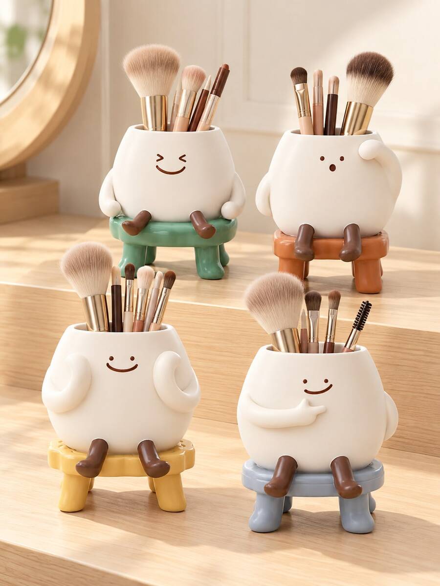 1pc Cute Cartoon Makeup Brush Holder, Smiling Character Cosmetic Organizer Cup, Decorative Vanity Storage For Makeup Brushes Lipsticks Eyeliner Pens & Beauty Tools - Multiple Styles - View 1