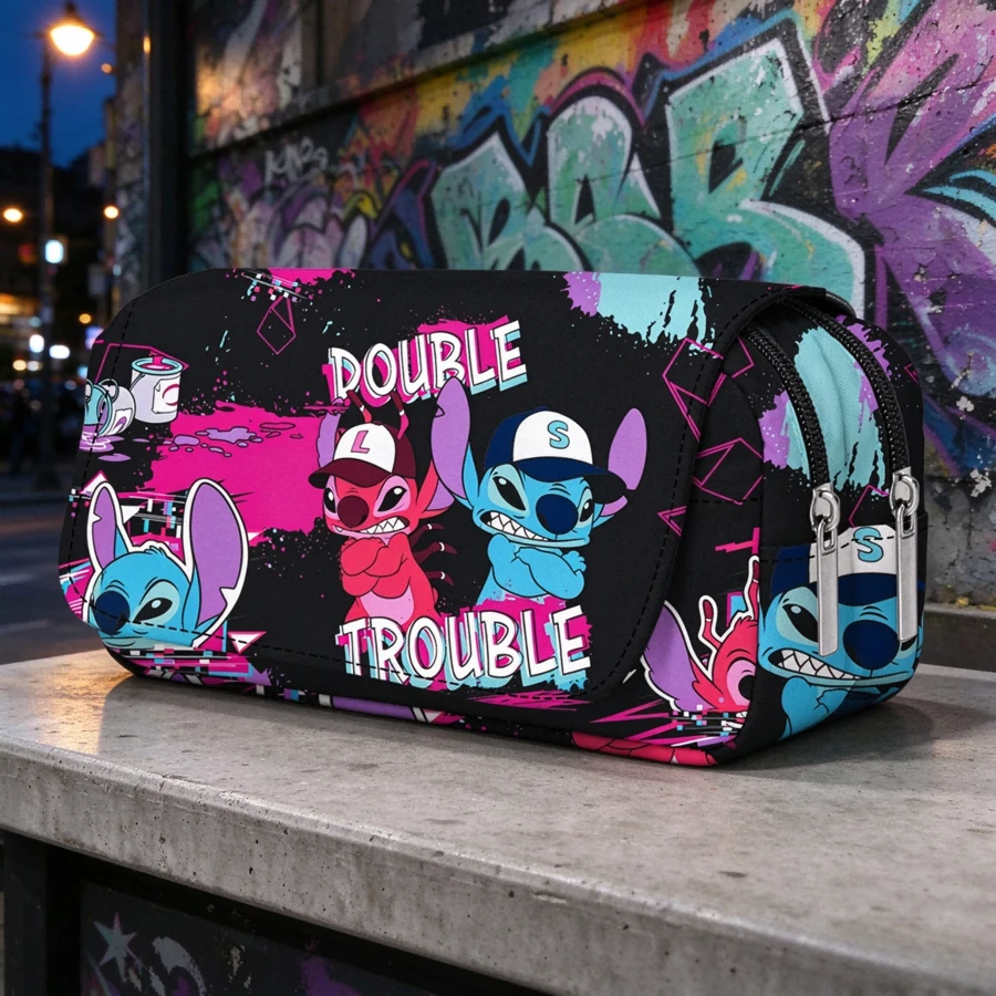 Lilo & Stitch Large Capacity Double Layer Zipper Design Durable Canvas Pencil Case Cartoon Anime Print Student Pencil Pouch Children Stationery Storage Bag Boys Girls School Supplies - Multicolor - View 1