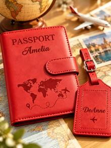 Custom Engraved Passport Cover And Luggage Tag Set, Personalized PU Leather Passport Holder, World Map Travel Document Protector, Customized Name Travel Gift, Suitable For Holiday Travel - Multicolor - View 7