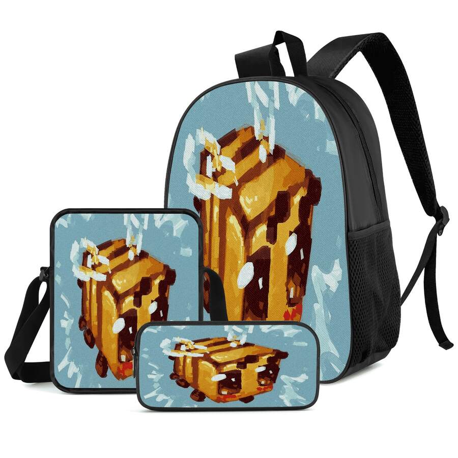 Q-Version Pixel Bee Print 3 Pieces Set Large Capacity Backpack + Crossbody Bag + Pencil Case Adjustable Breathable Shoulder Straps Fashion Pixel Game Theme Daily Commute Storage Set - Printed Bag - View 1