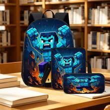 Q-Version Pixel Style Blue Muscular Giant Print 3 Pieces Set, Large Capacity Backpack + Crossbody Bag + Pencil Case, Adjustable Breathable Shoulder Straps, Gaming Pixel Style Theme Enthusiast Daily Commute Storage Set - Printed Bag - View 8