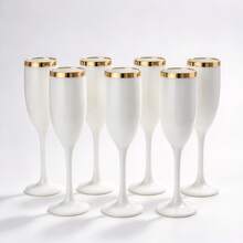 1/6/12pcs White Cups With Gold Rim Classic Stemmed Glasses, Various Quantities Available, Champagne And Cocktail Soft Acrylic Material, 5oz Ribbed Glassware Classic Cocktail Indoor And Outdoor, Suitable For Gatherings, Parties, Picnics, Evening Events - View 2