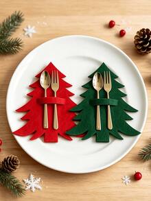 2pcs Christmas Tree Shaped Cutlery Holder, Flat Tableware Storage Decor, Suitable For Holiday Table Decoration And Setting, Christmas Gift Set (No Cutlery Included) - Multicolor - View 4