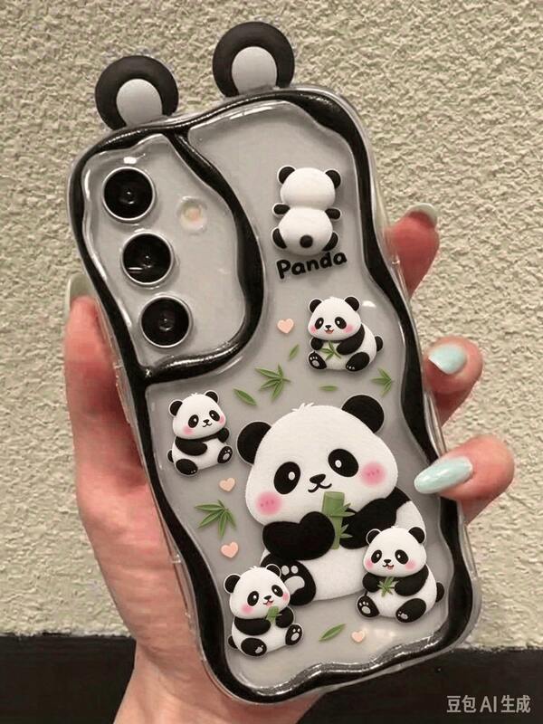 1 pièce Coque de téléphone asymétrique transparente de luxe avec peinture UV, motif de panda de dessin animé, oreilles de panda 3D DIY, bord surélevé anti-chute, compatible avec Apple Phone 18 Pro Max 17 Pro 16 15 14 13, S26 Plus/S25 Edge/S24/S23/S22 Ultra
