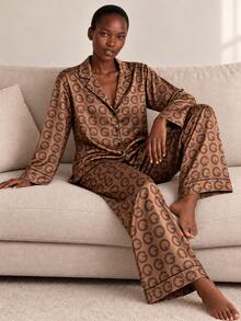 2pcs/Set Women's Satin Pajama Set, All-Over Geometric Print Lapel Deep V-Neck Long Sleeve Top And Pants, Smooth Faux Silk Loungewear - Brown - View 2