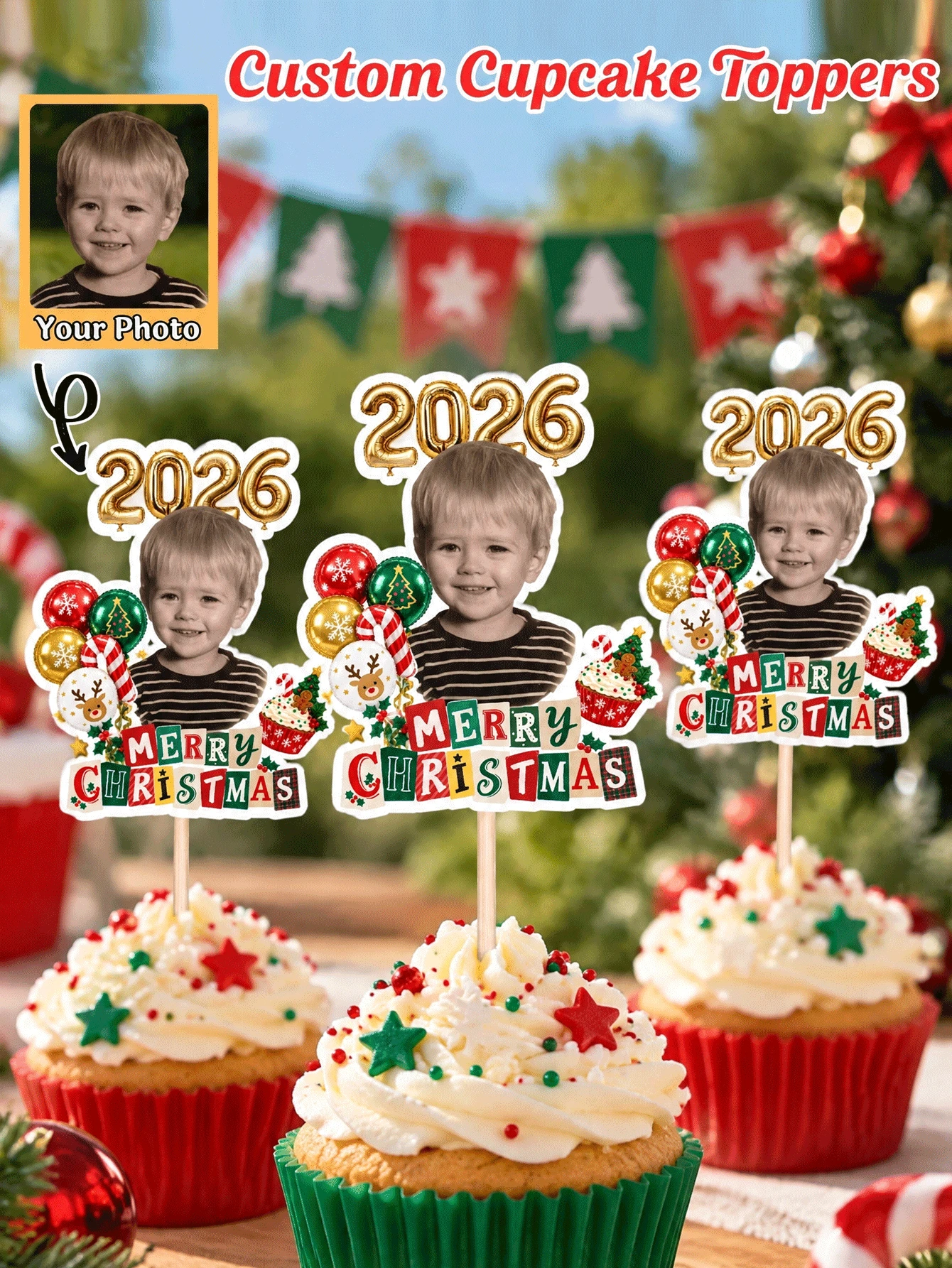 Personalized Christmas Photo Cake Toppers, Customized Face And Age Number Merry Christmas Cupcake Picks, Gold Number Christmas Cake Decorations, Customized Photo Cupcake Toppers, Christmas Party Supplies, Dessert Table Decor - Christmas Edition - View 1